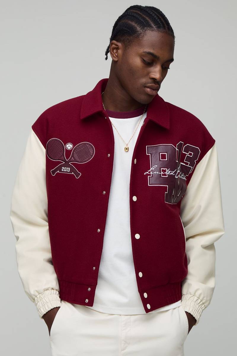 Oversize Official Man Melton Bomberjacke im College-Stil - Burgund - S, Burgund von boohooman