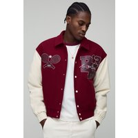 Oversize Official Man Melton Bomberjacke im College-Stil - Burgund - XS, Burgund von boohooman