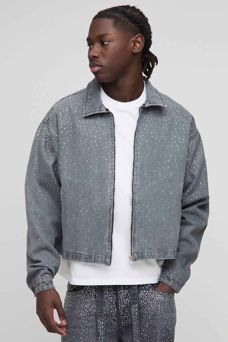 Kastige Jeansjacke mit Strass - Grau - L, Grau von boohooman