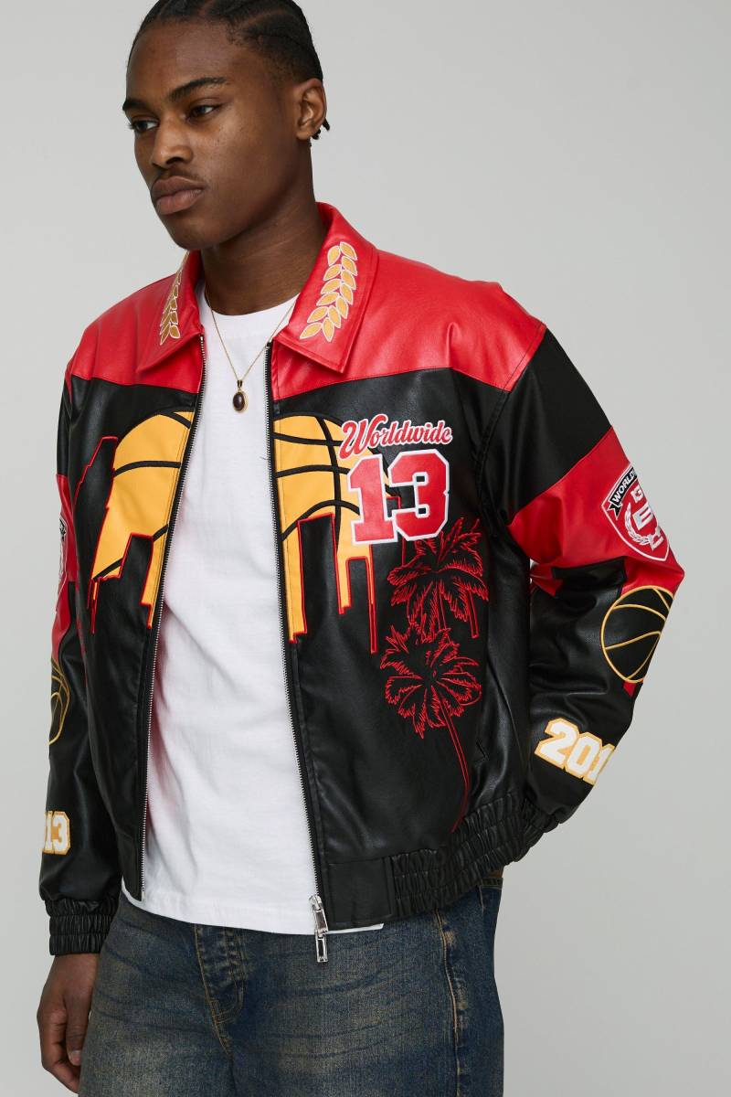 Kastige Jacke mit Worldwide-Stickerei - Rot - M, Rot von boohooman