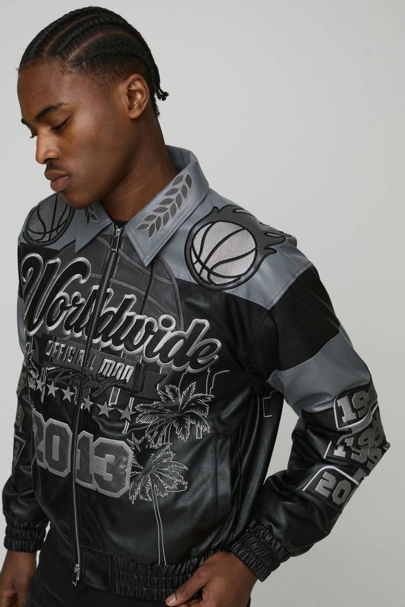 Kastige Worldwide-Jacke mit PU-Aufnäher - Schwarz - S, Schwarz von boohooman