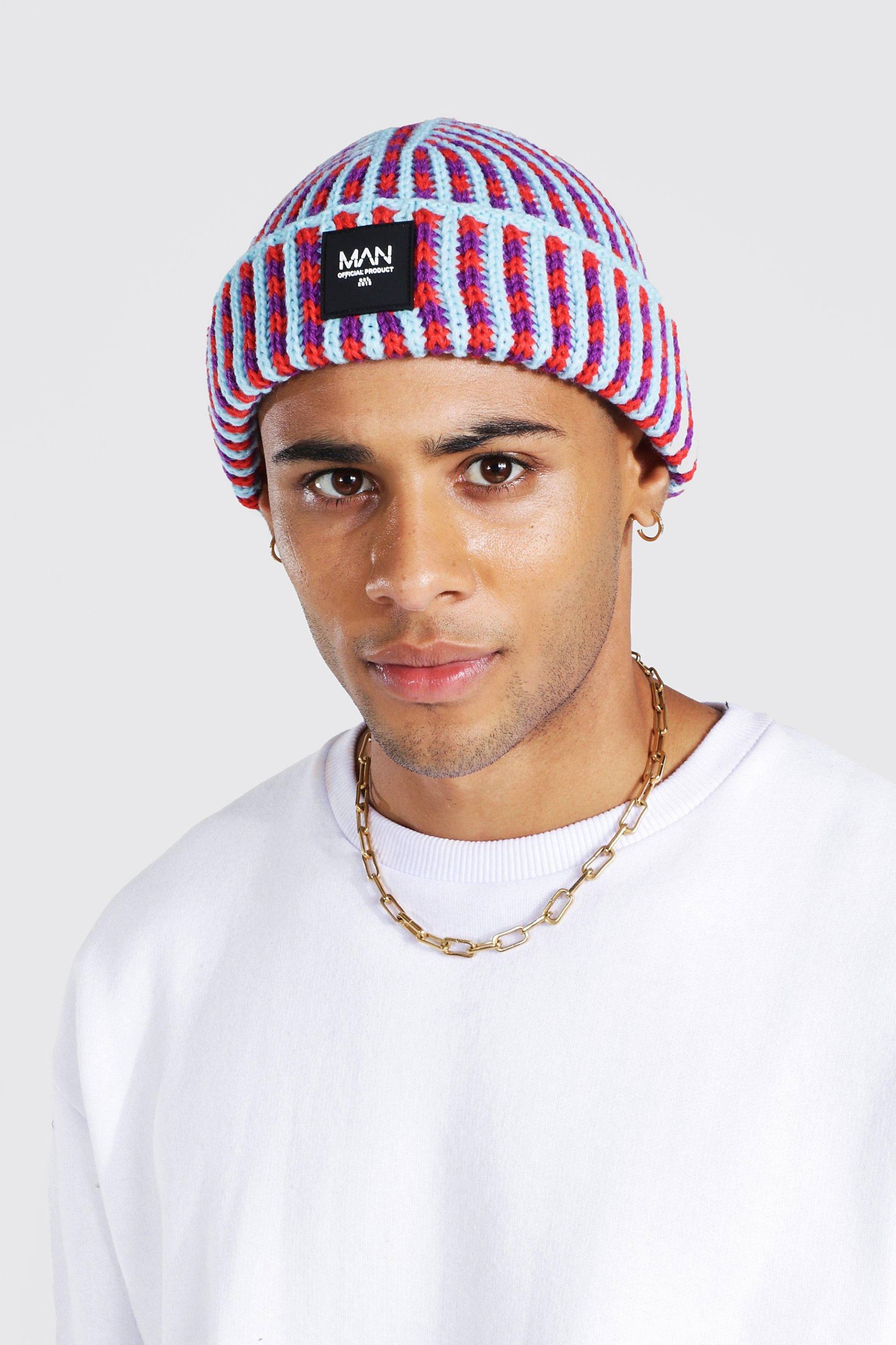Bunte Micro-Beanie mit Man-Etikett - Lila - ONE SIZE, Lila von boohooman