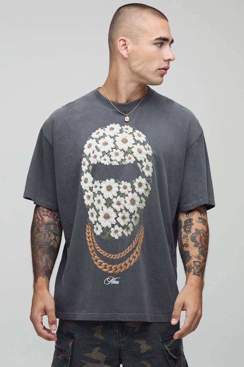 Oversize T-Shirt mit Man Blumenprint - Grau - XS, Grau Oversize T-Shirt mit Man Blumenprint - Grau - XS, Grau von boohooman