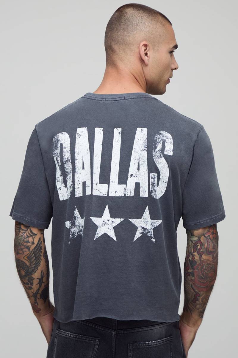 Kastiges T-Shirt mit rohem Saum und Dallas Stern-Print - Grau - M, Grau von boohooman