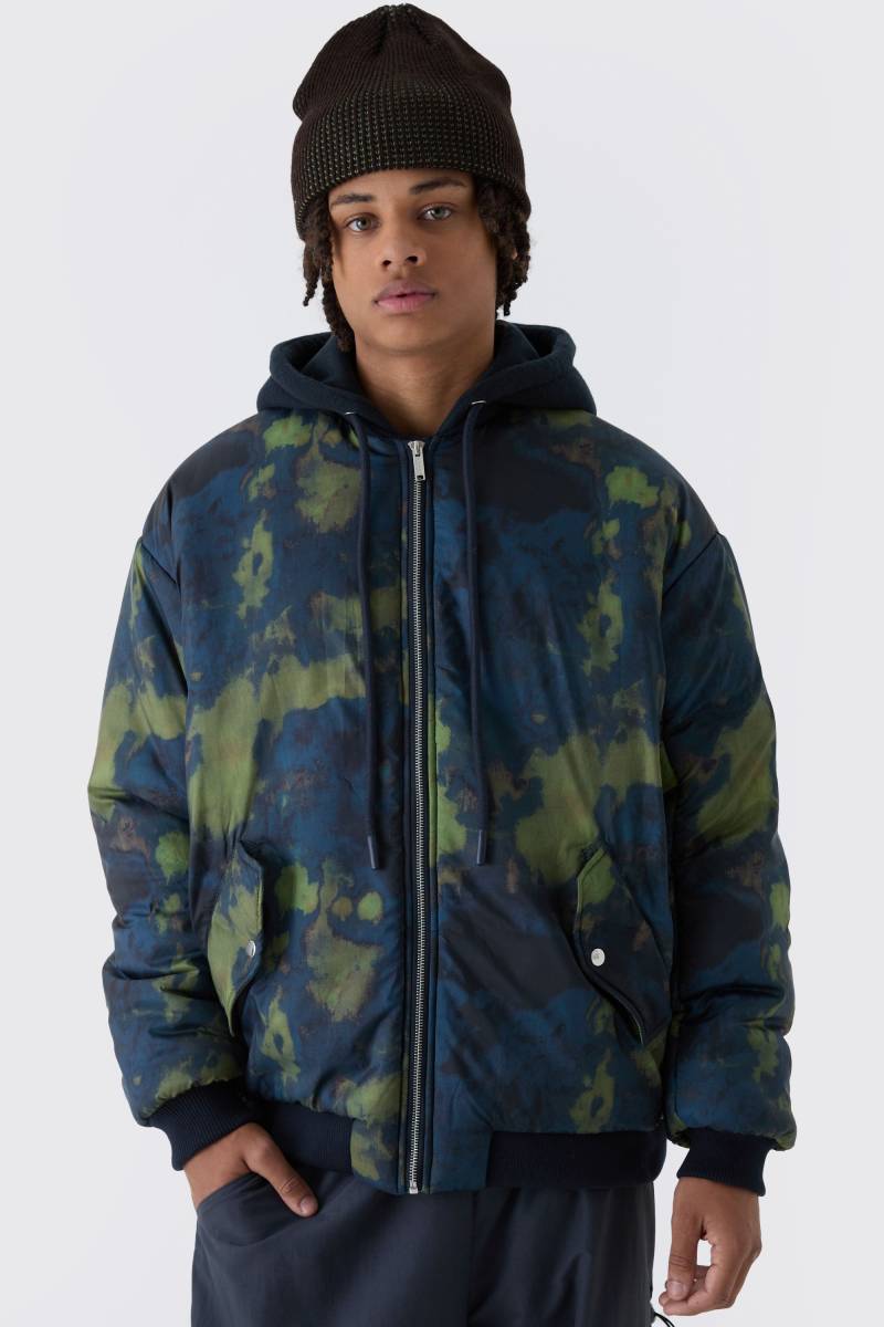 Dunkelblaue Oversize Bomberjacke mit abstraktem Print und Kapuze - XS, Blau von boohooman