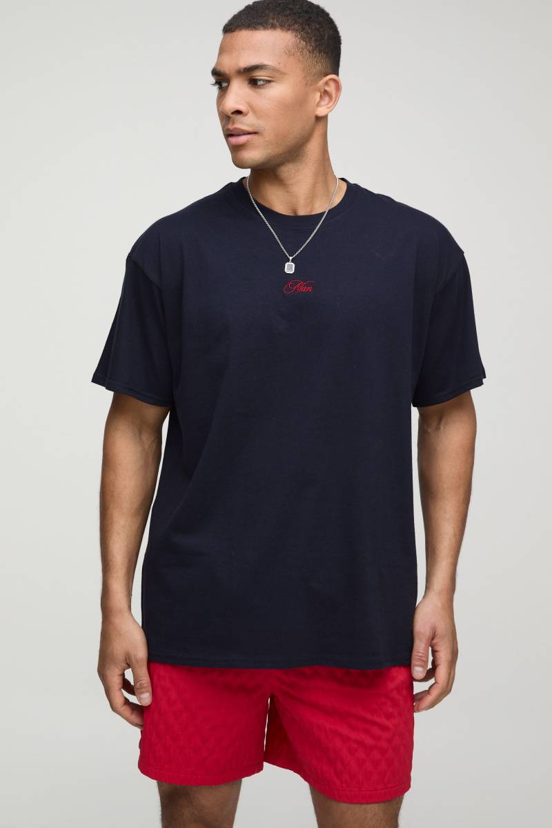 Dunkelblaues Oversize T-Shirt mit Man-Print - XS, Blau von boohooman