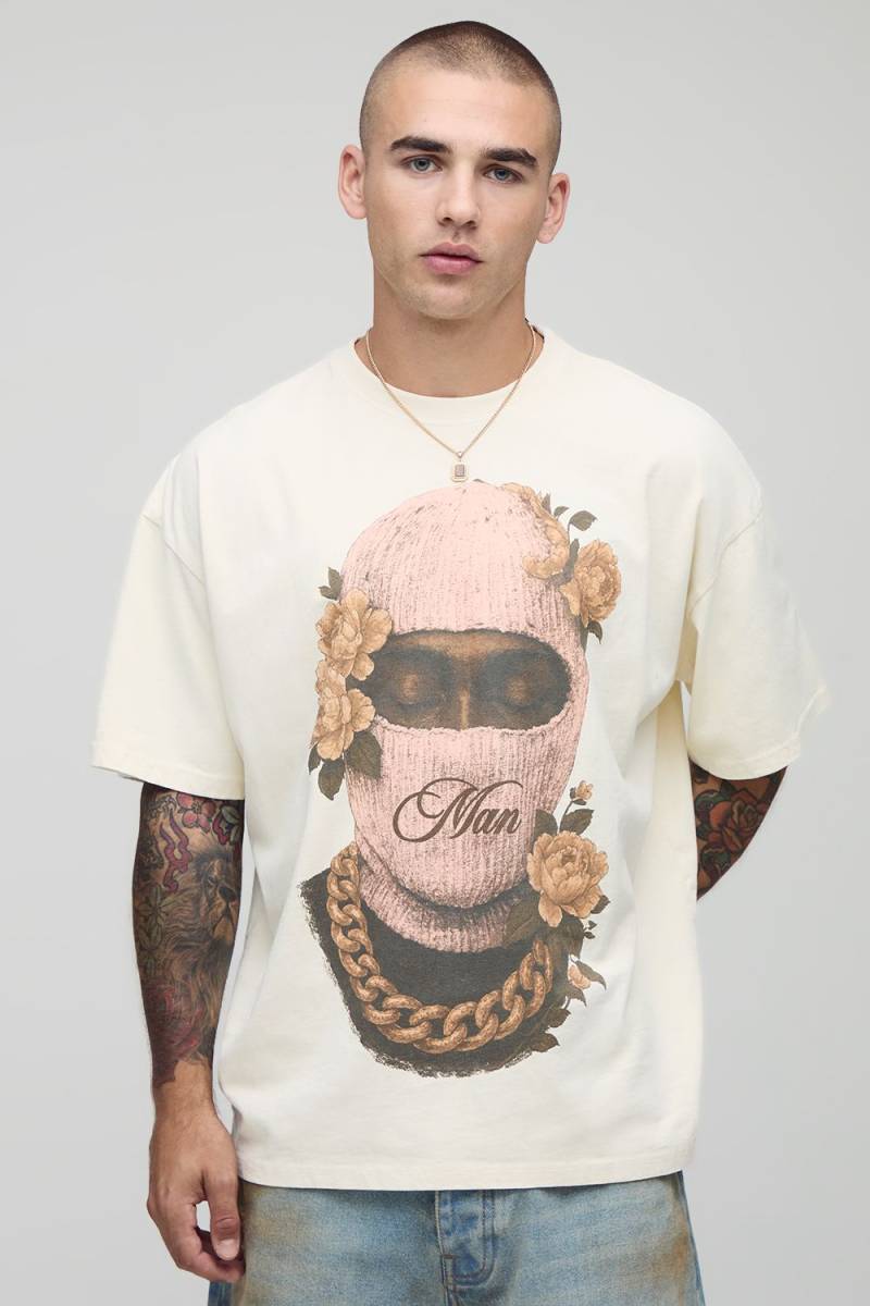 Oversize T-Shirt mit floralem Man Print - Ecru - XS, Ecru Oversize T-Shirt mit floralem Man Print - Ecru - XS, Ecru von boohooman