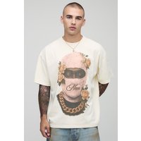 Oversize T-Shirt mit floralem Man Print - Ecru - XS, Ecru Oversize T-Shirt mit floralem Man Print - Ecru - XS, Ecru von boohooman