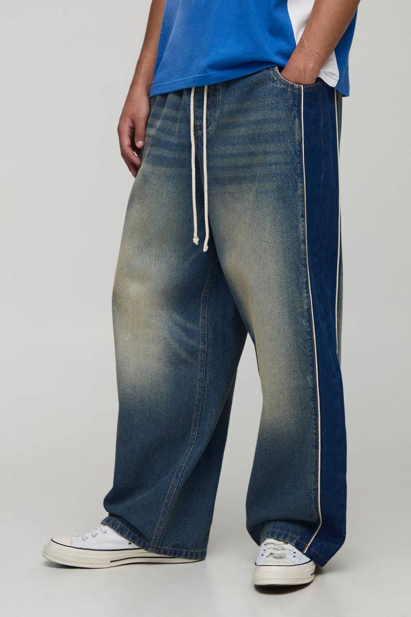 Elasticated Super Baggy Side Panel Piping Jeans - Grau - 36R, Grau von boohooman