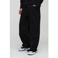 Extrem lockere Jeans mit Reißverschluss und Kreuz-Stickerei - Schwarz - 30R, Schwarz von boohooman