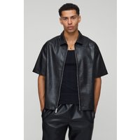 Faux Croc Short Sleeve PU Collared Boxy Shirt - Schwarz - XL, Schwarz von boohooman