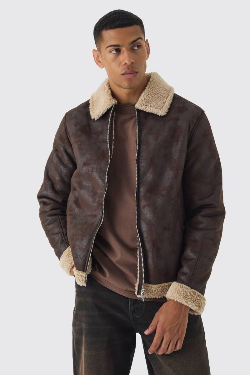 Faux Suede Aviator Jacket In Brown - Braun - XL, Braun von boohooman