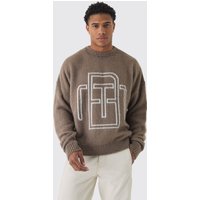 Flauschiger Strickpullover mit BM-Print - Taupe - S, Taupe von boohooman