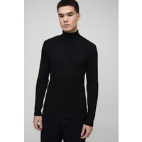 Gerippter Muscle-Fit Rollkragenpullover in Schwarz von boohooman