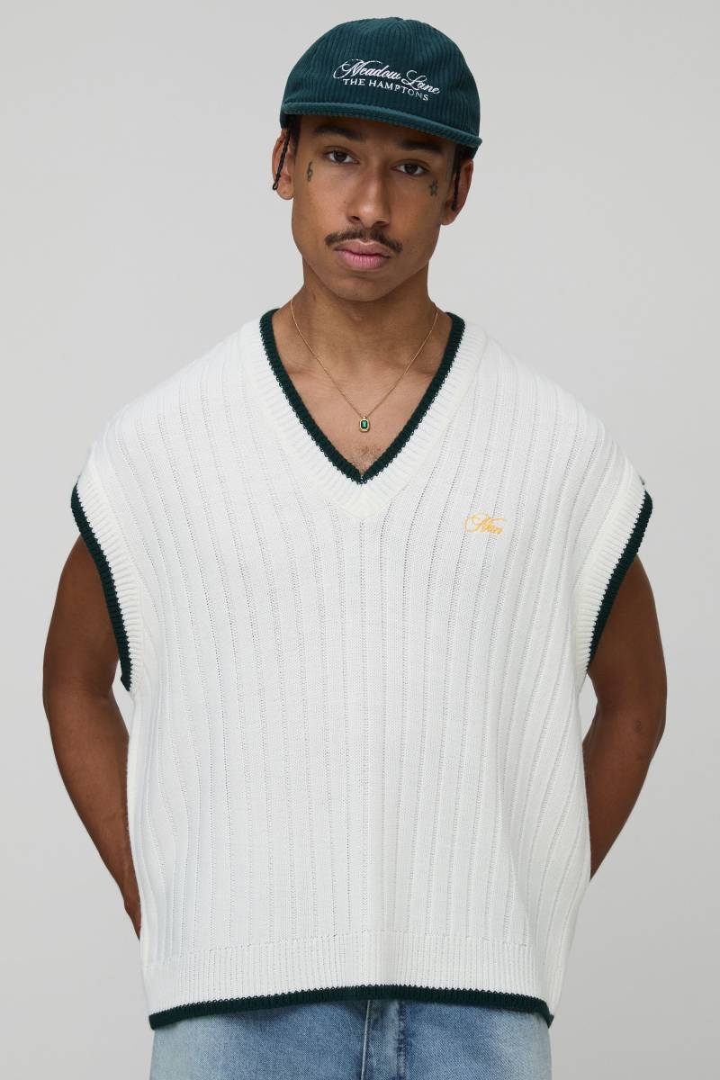 Gerippter Oversize Man Pullunder mit V-Ausschnitt - Ecru - XS, Ecru von boohooman