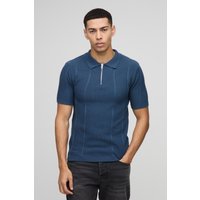 Geripptes Muscle-Fit Poloshirt mit Reißverschluss - Blau - S, Blau von boohooman