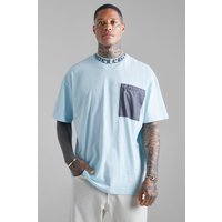 Geripptes Oversize T-Shirt mit Utility-Taschen - Blau - S, Blau von boohooman