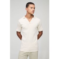Geripptes Slim-Fit Poloshirt - Ecru - XS, Ecru Geripptes Slim-Fit Poloshirt - Ecru - XS, Ecru von boohooman