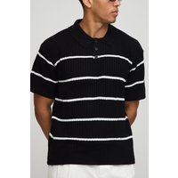 Geripptes Strick-Poloshirt mit Streifen - Schwarz - XS, Schwarz von boohooman