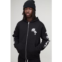 Hoodie mit Print und Reißverschluss - Schwarz - XS, Schwarz von boohooman