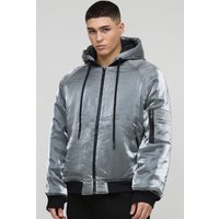 Graue Oversize Metallic-Bomberjacke mit Kapuze - M, Grau von boohooman