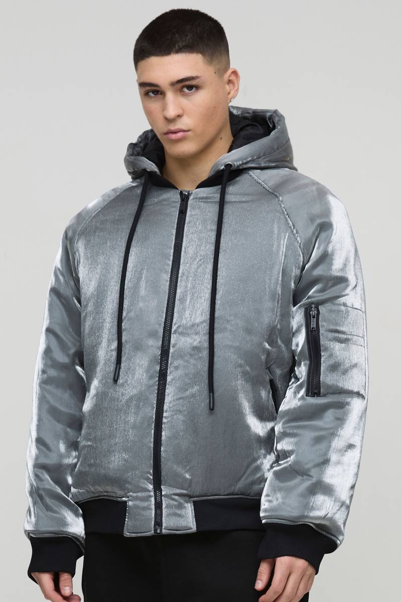 Graue Oversize Metallic-Bomberjacke mit Kapuze - M, Grau von boohooman