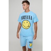 Hellblaues Oversize T-Shirt mit lizenziertem Nirvana-Print & Shorts - XS, Blau Hellblaues Oversize T-Shirt mit lizenziertem Nirvana-Print & Shorts - XS, Blau von boohooman