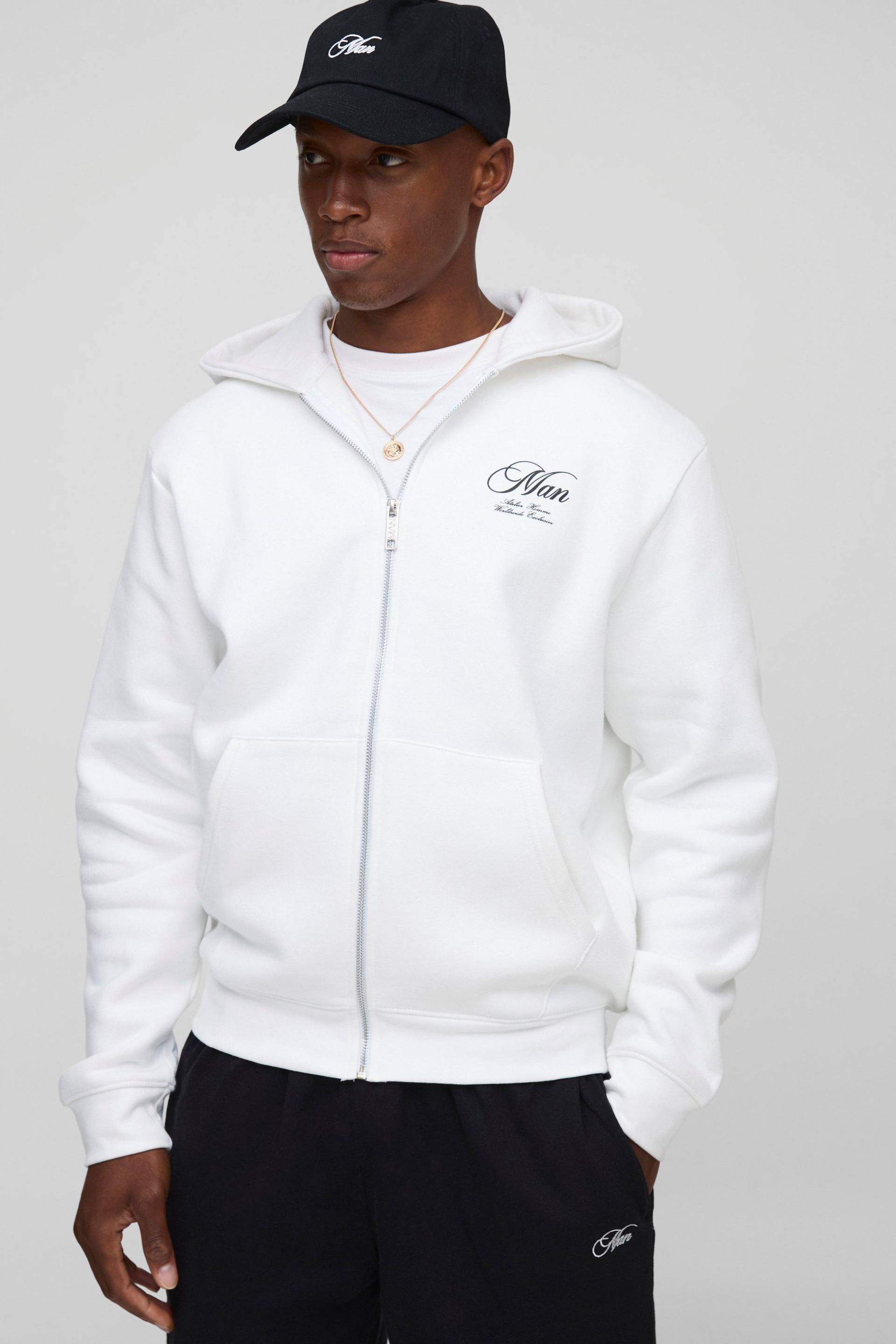 Hoodie mit Man Script und Reißverschluss - Weiß - M, Weiß von boohooman