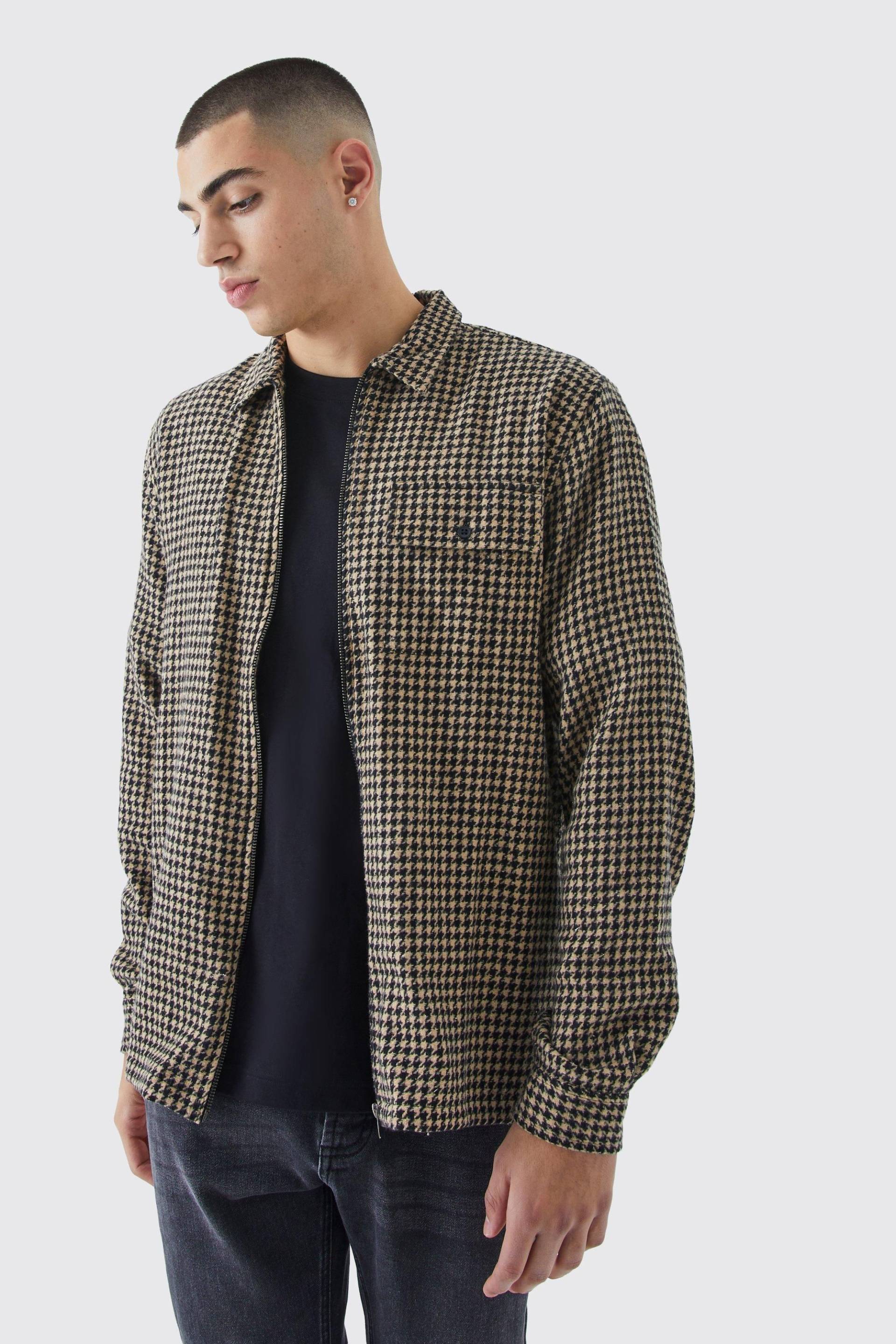 Jacqaurd Hahnentritt Overshirt mit Reißverschluss von boohooman