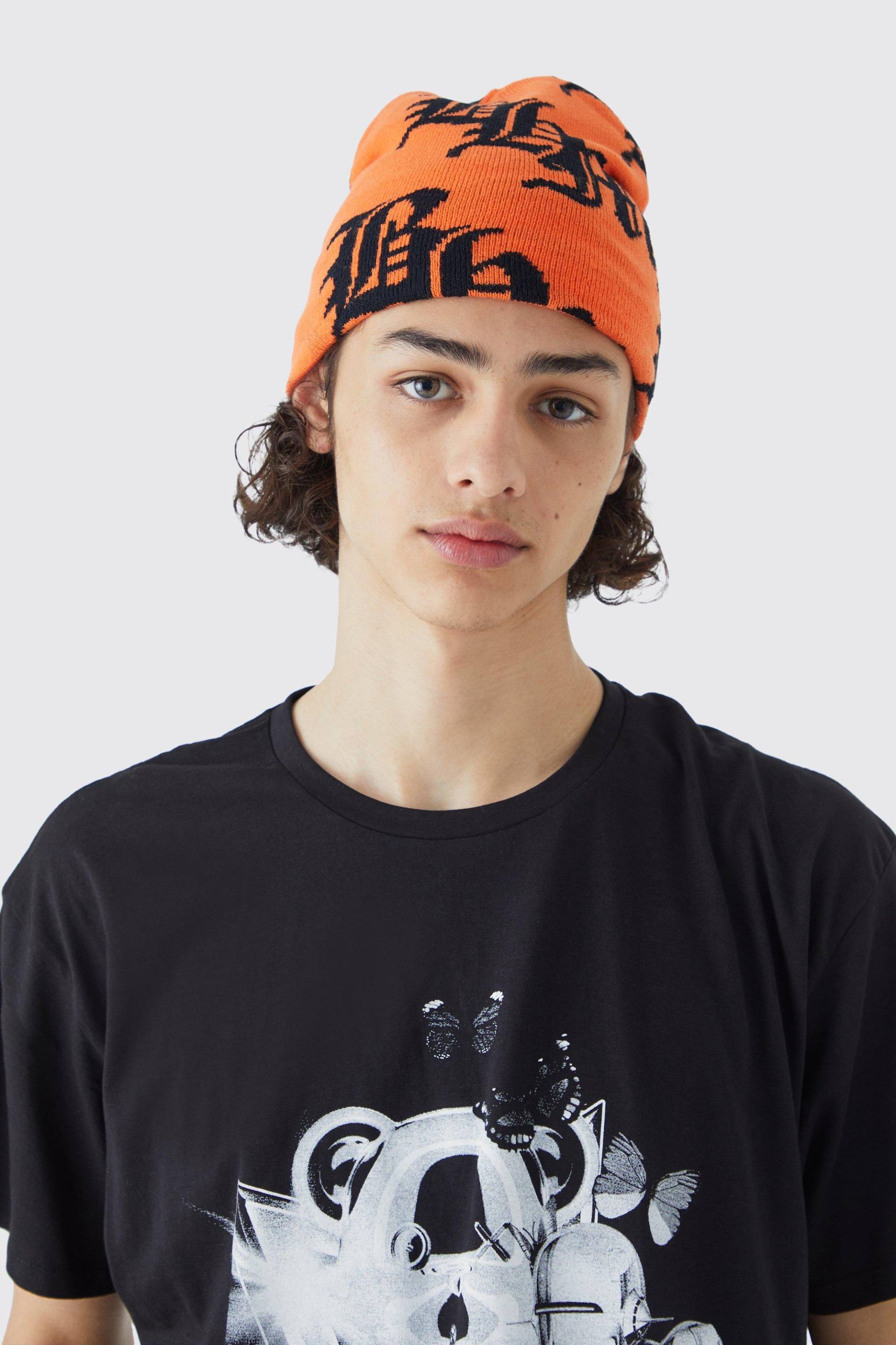 Jacquard Beanie mit Gothic Logo - Orange - ONE SIZE, Orange Jacquard Beanie mit Gothic Logo - Orange - ONE SIZE, Orange von boohooman