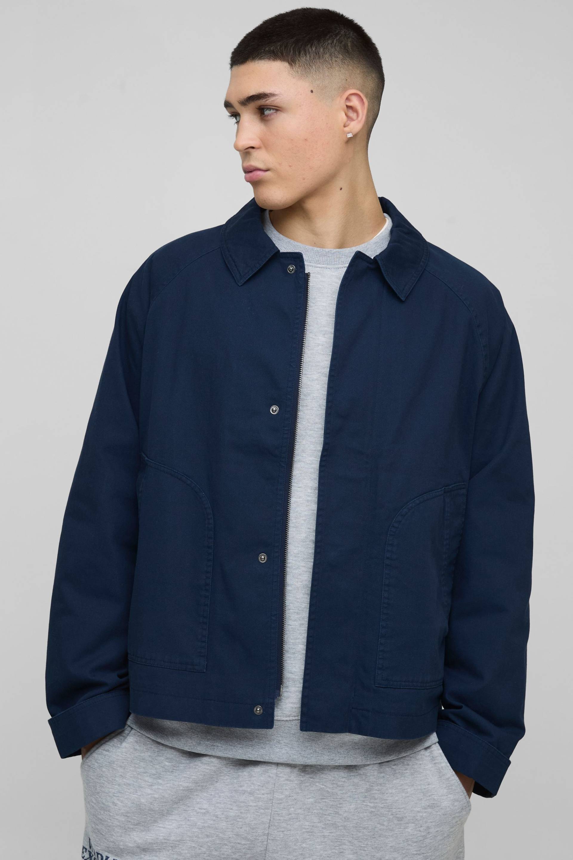 Kastige Oversize Man Raglan Twill Harrington-Jacke - Blau - L, Blau von boohooman