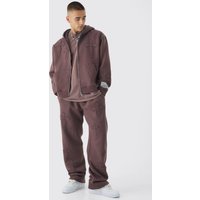 Kastiger Oversize Hoodie mit Applikation und Reißverschluss & lockerer Jogger-Trainingsanzug - Burgund - XS, Burgund Kastiger Oversize Hoodie mit Applikation und Reißverschluss & lockerer Jogger-Trainingsanzug - Burgund - XS, Burgund von boohooman