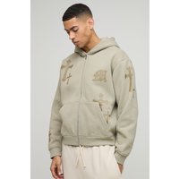 Kastiger Oversize Hoodie mit Gothic M Kreuz Print und Reißverschluss - Taupe - M, Taupe von boohooman