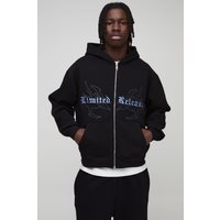 Kastiger Oversize Hoodie mit Gothic Print und Reißverschluss - Schwarz - XS, Schwarz Kastiger Oversize Hoodie mit Gothic Print und Reißverschluss - Schwarz - XS, Schwarz von boohooman