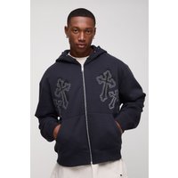 Kastiger Oversize Hoodie mit Kreuz-Stickerei und Reißverschluss - Schwarz - XS, Schwarz von boohooman