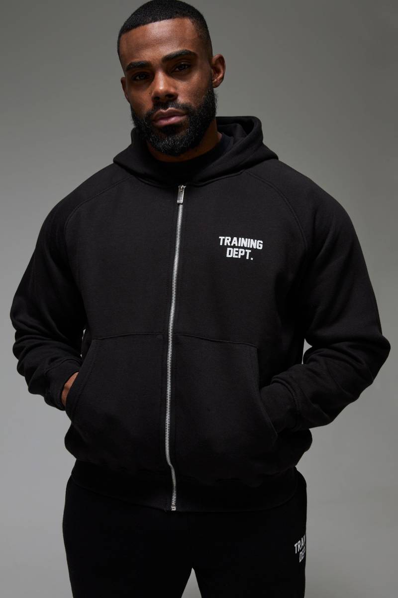 Kastiger Oversize Hoodie mit Man Active Training Dept Print und Reißverschluss - Schwarz - L, Schwarz von boohooman