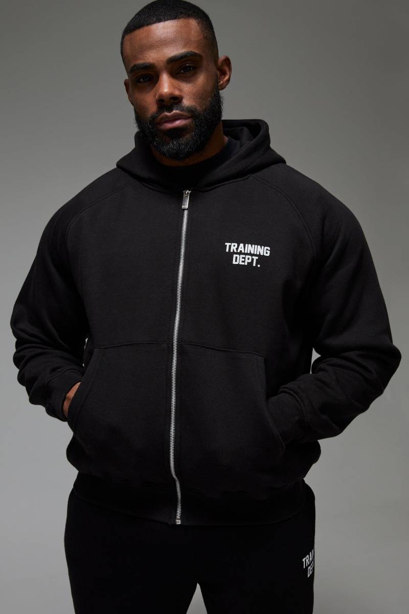 Kastiger Oversize Hoodie mit Man Active Training Dept Print und Reißverschluss - Schwarz - XS, Schwarz von boohooman