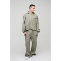 Kastiger Oversize Hoodie mit Reißverschluss & Hose mit weitem Bein - Khaki - M, Khaki von boohooman