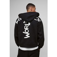Kastiger Oversize Hoodie mit Worldwide Graffiti-Print und Reißverschluss - Schwarz - XS, Schwarz Kastiger Oversize Hoodie mit Worldwide Graffiti-Print und Reißverschluss - Schwarz - XS, Schwarz von boohooman