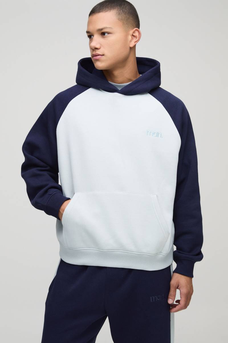 Kastiger Oversize Man Colorblock Raglan Hoodie - Blau - XS, Blau von boohooman