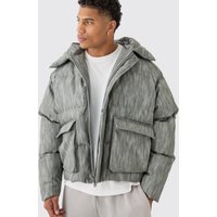 Kastiger Oversize PU-Steppmantel mit Kapuze - Grau - L, Grau Kastiger Oversize PU-Steppmantel mit Kapuze - Grau - L, Grau von boohooman