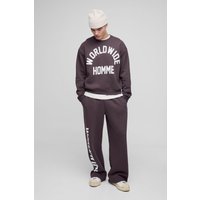 Kastiger Oversize Sweatshirt-Trainingsanzug mit Worldwide-Print - Braun - S, Braun von boohooman