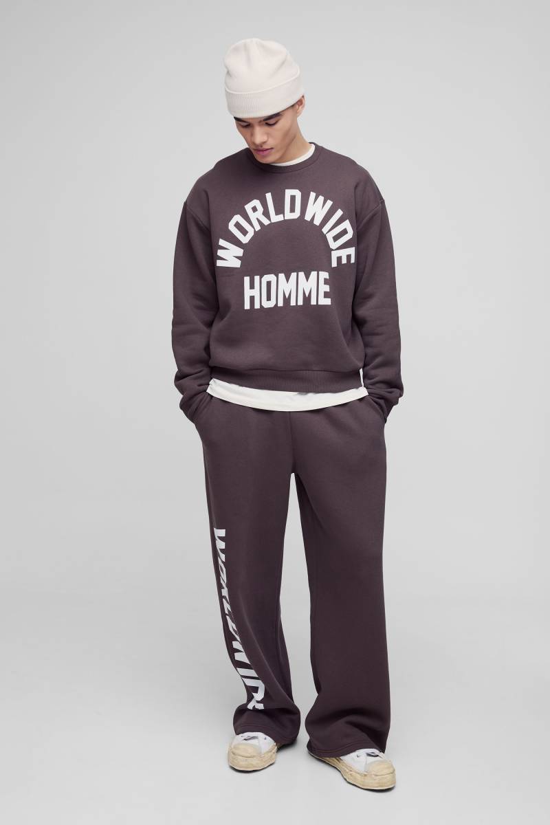 Kastiger Oversize Sweatshirt-Trainingsanzug mit Worldwide-Print von boohooman