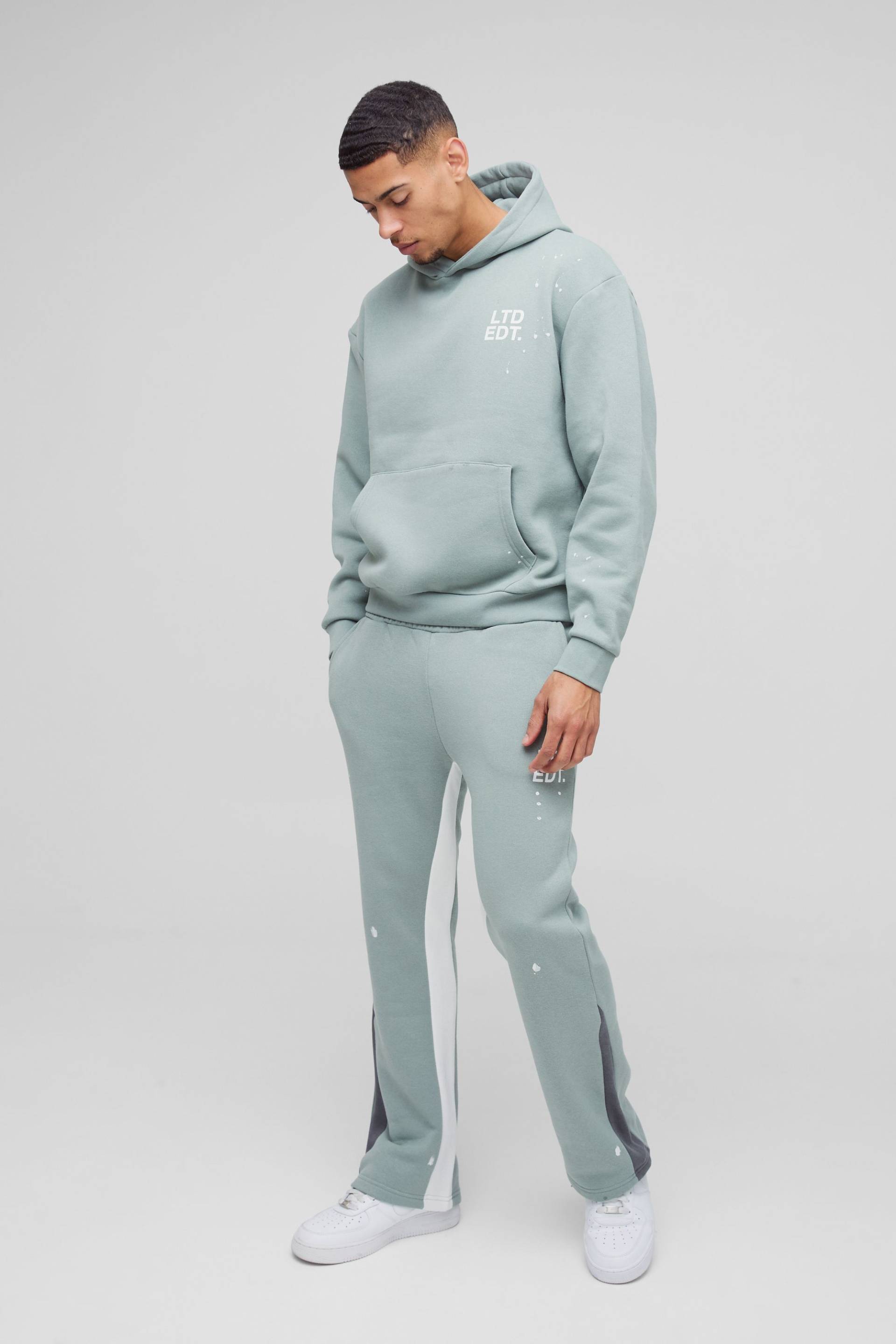 Kastiger Oversize Trainingsanzug mit Farbspritzern und Reißverschluss - Khaki - L, Khaki von boohooman