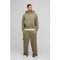 Kastiger Oversize Trainingsanzug mit Reißverschluss und Kapuze - Khaki - L, Khaki von boohooman