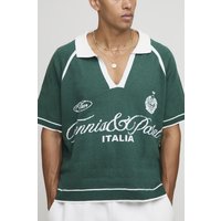Kastiger Raglan Italia Strick-Poloshirt mit V-Ausschnitt - Grün - M, Grün von boohooman