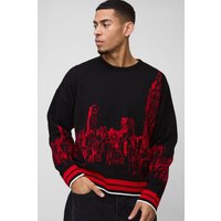 Kastiger Strickpullover mit City Jacquard Print von boohooman