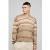 Kastiger gestreifter Oversize Pullover mit V-Ausschnitt - Beige - XL, Beige von boohooman