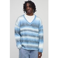Kastiger gestreifter Oversize Pullover mit V-Ausschnitt - Blau - XL, Blau von boohooman