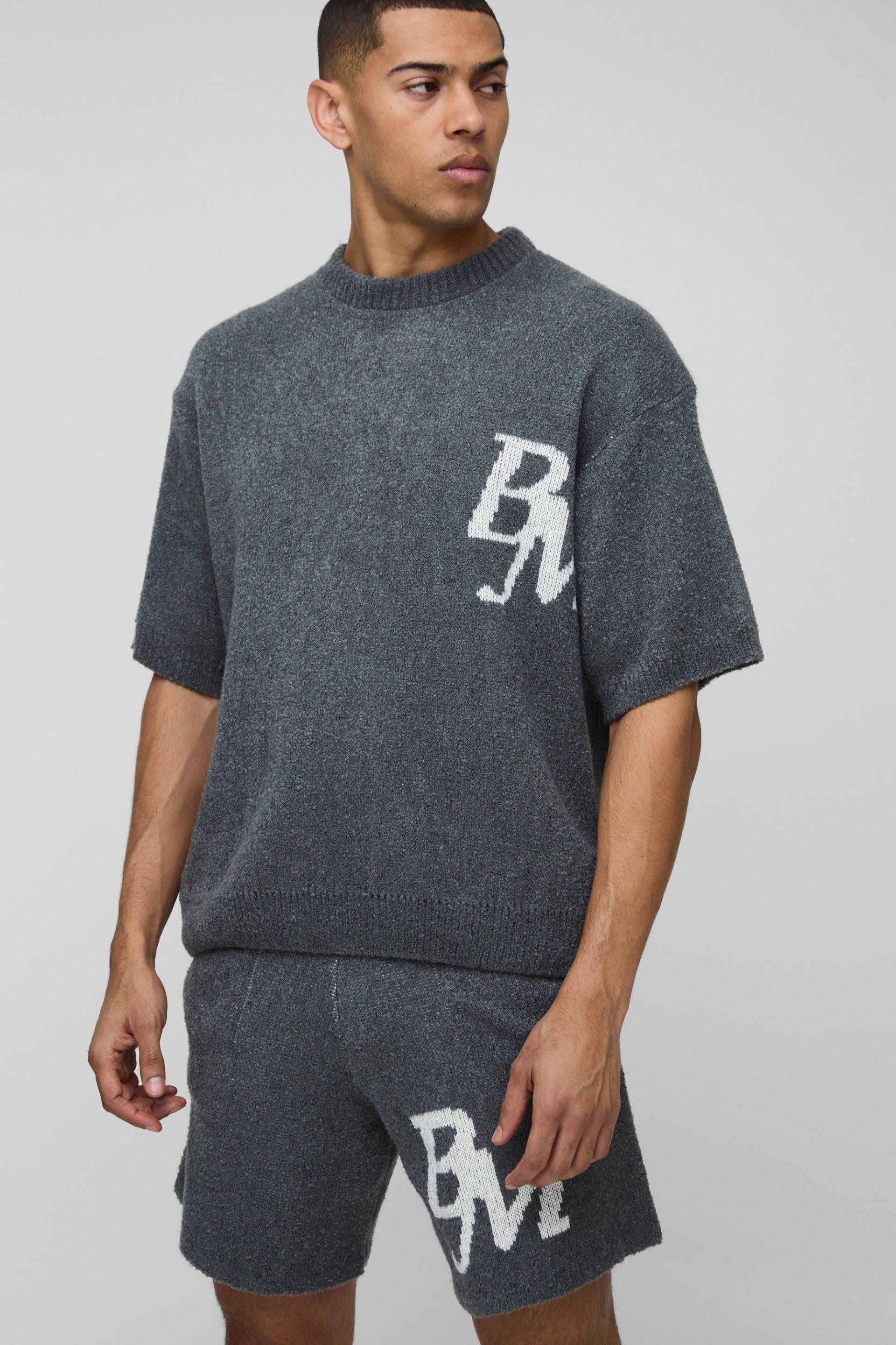 Kastiges Bouclee BM T-Shirt und Shorts - Grau - S, Grau von boohooman